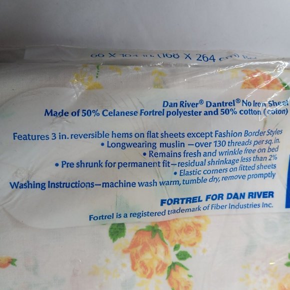 Vintage Dan River Twin Flat Sheet White Yellow Roses No Iron Fortrel 66x104 READ - Picture 9 of 9